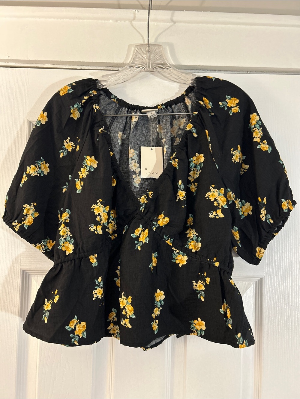 a new day Black Puff Sleeve Peplum Top with Yellow Floral Print